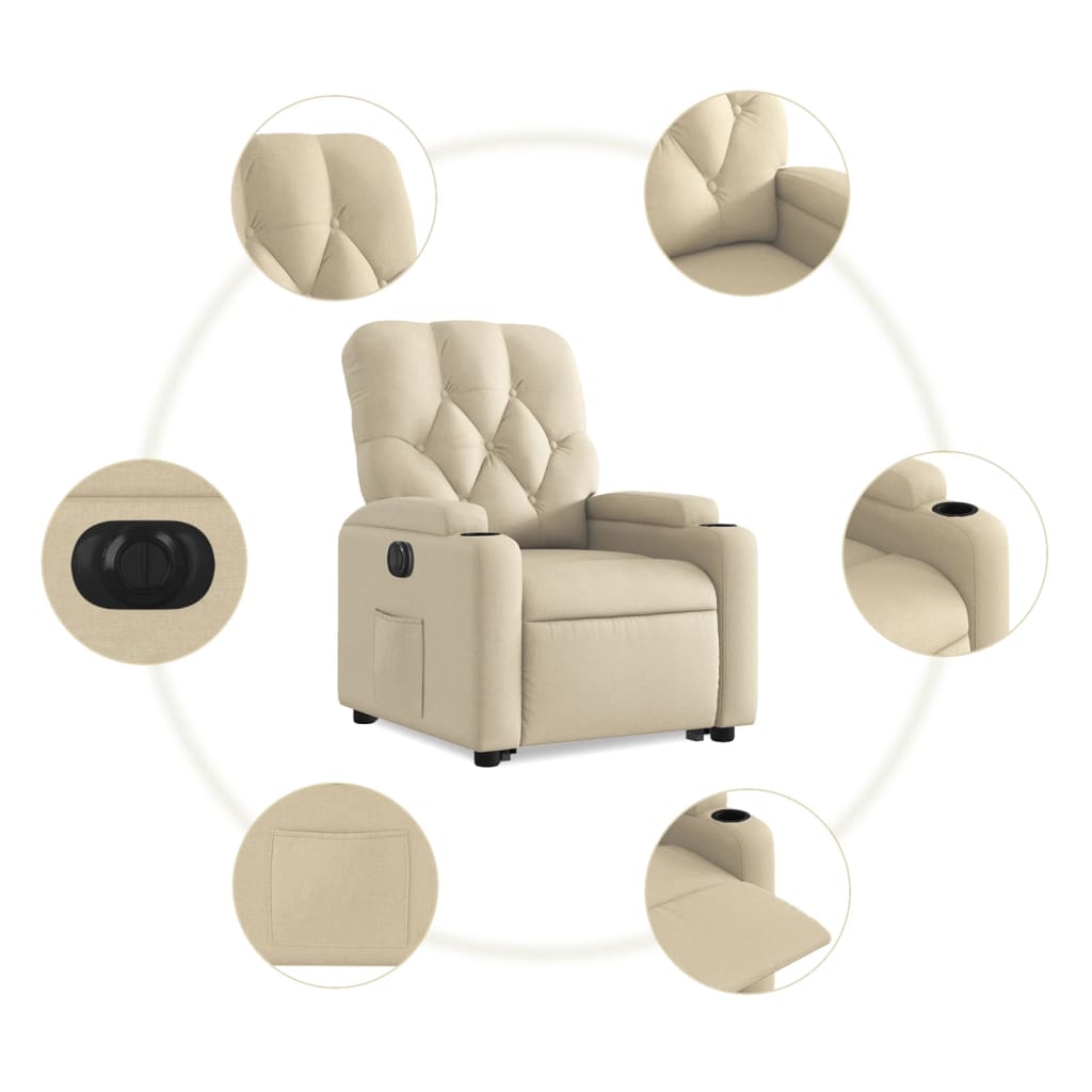 Fotoliu electric rabatabil cu ridicare, crem, textil