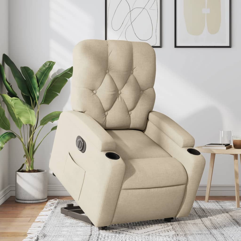 Fotoliu electric rabatabil cu ridicare, crem, textil