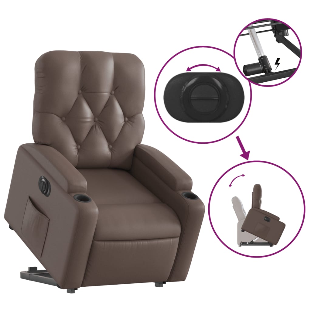 Fotoliu rabatabil electric cu ridicare, maro, piele ecologică