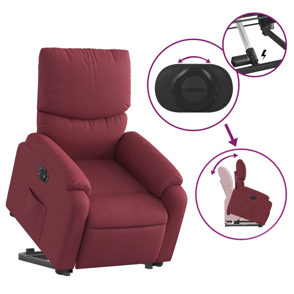 Fotoliu electric rabatabil cu ridicare, roșu vin, textil