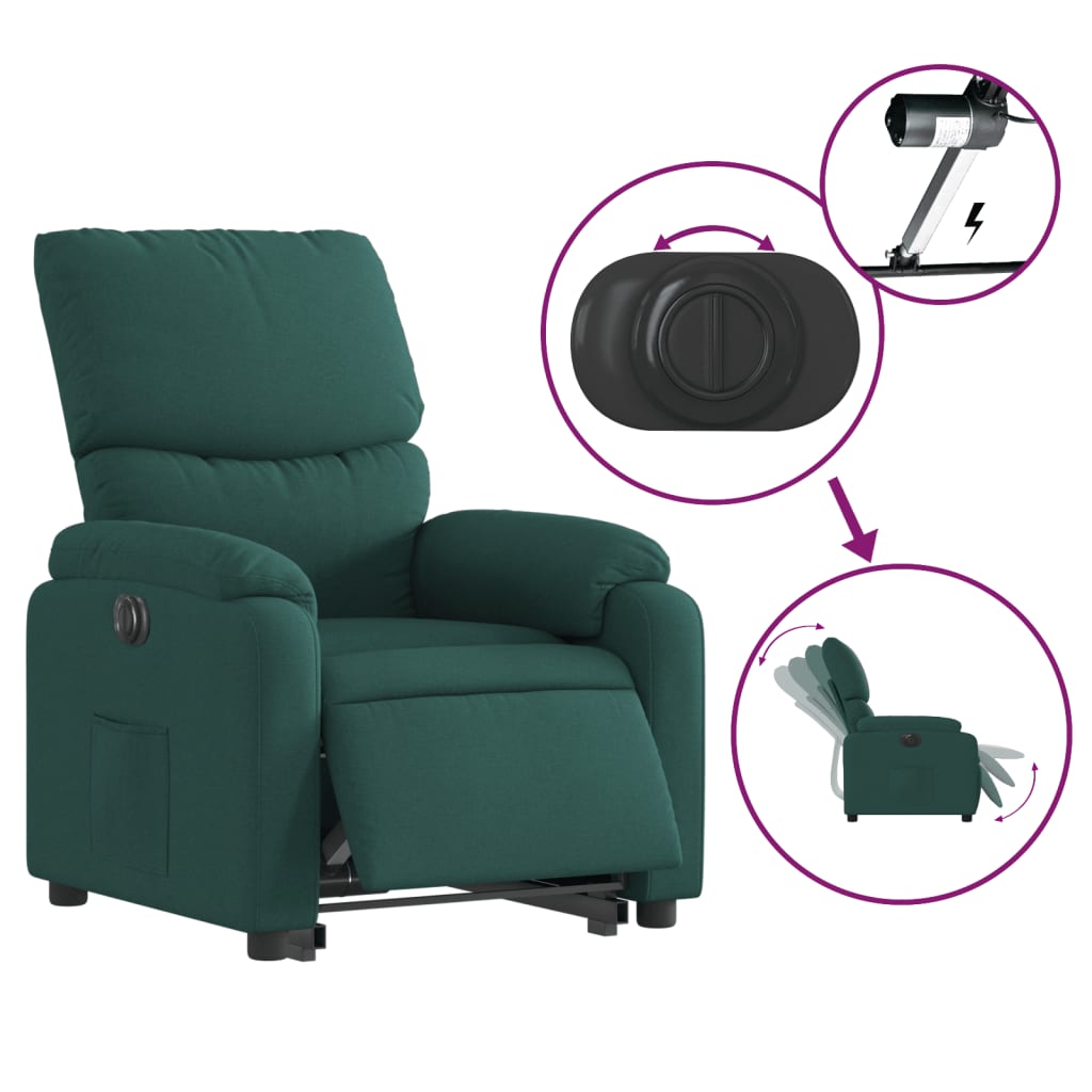 Fotoliu electric rabatabil cu ridicare, verde închis, textil