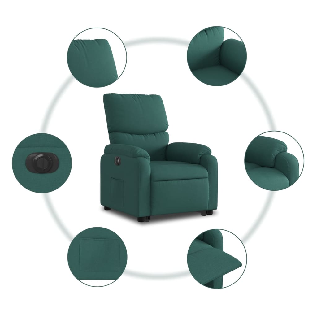 Fotoliu electric rabatabil cu ridicare, verde închis, textil