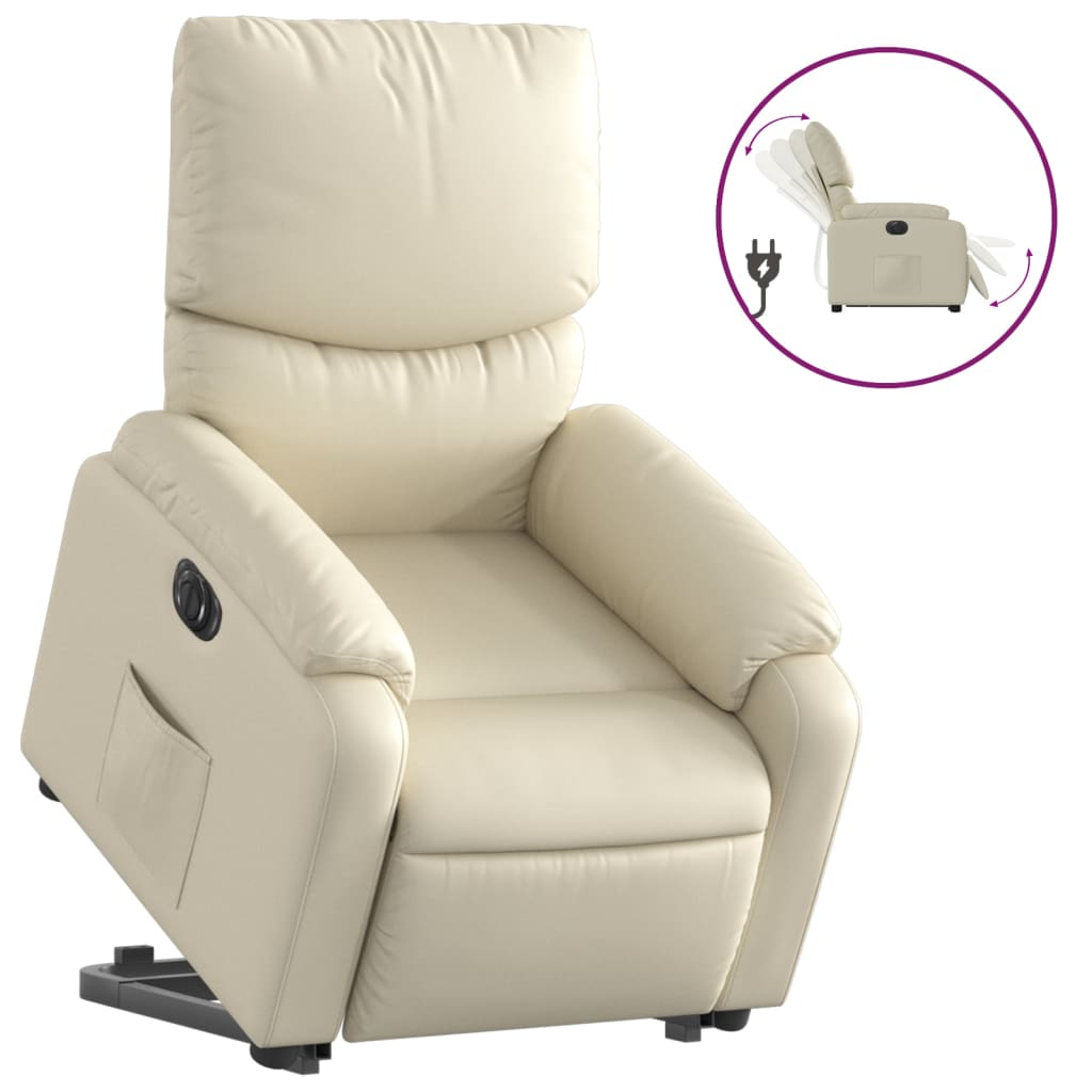 Fotoliu rabatabil electric cu ridicare, crem, piele ecologică