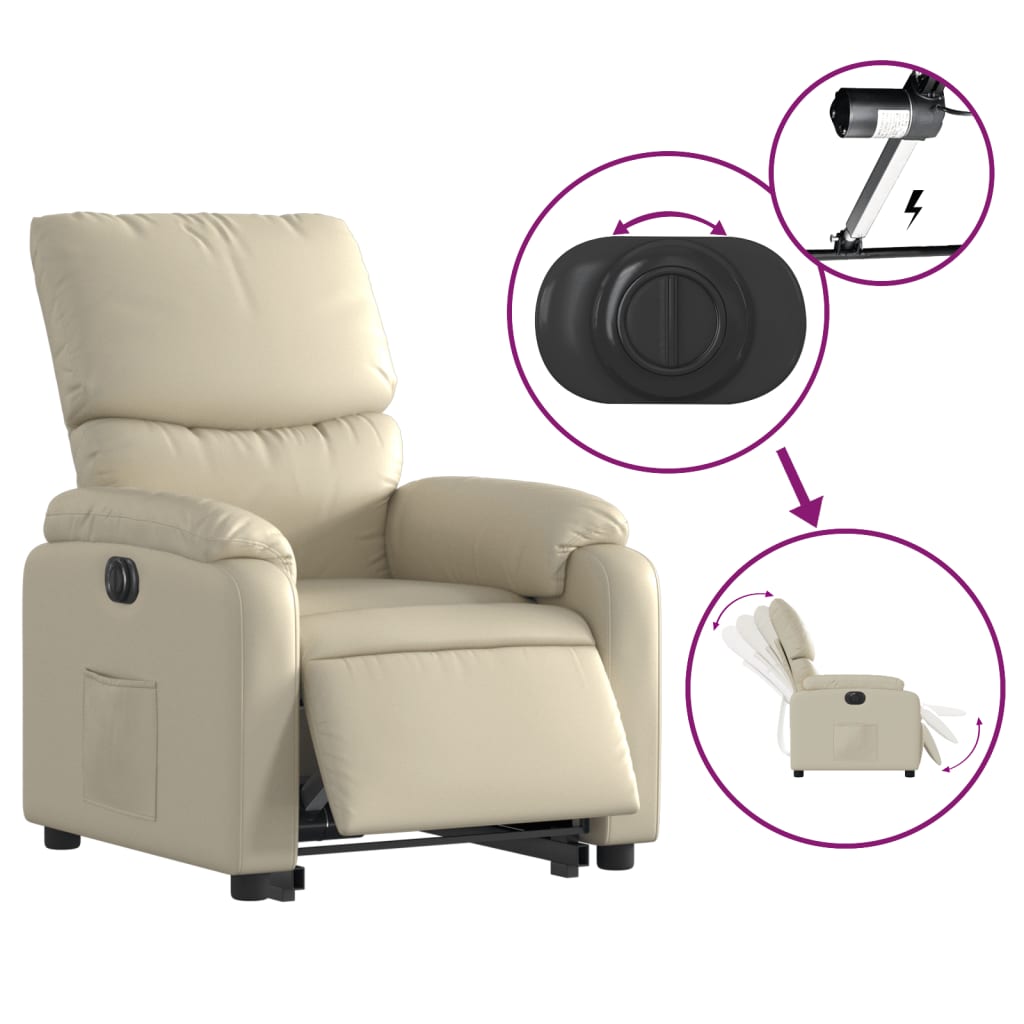 Fotoliu rabatabil electric cu ridicare, crem, piele ecologică