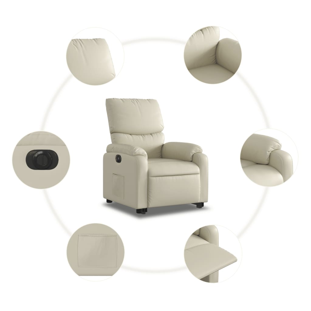 Fotoliu rabatabil electric cu ridicare, crem, piele ecologică