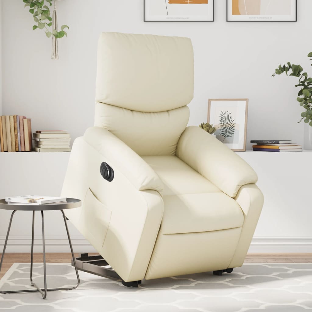 Fotoliu rabatabil electric cu ridicare, crem, piele ecologică