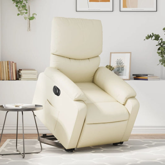 Fotoliu rabatabil electric cu ridicare, crem, piele ecologică