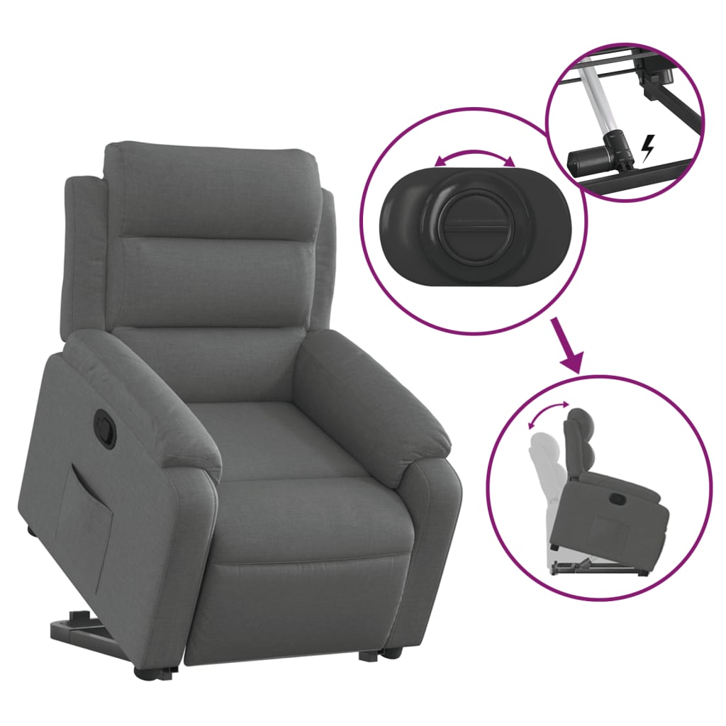 Fotoliu rabatabil cu ridicare pe verticală, gri închis, textil