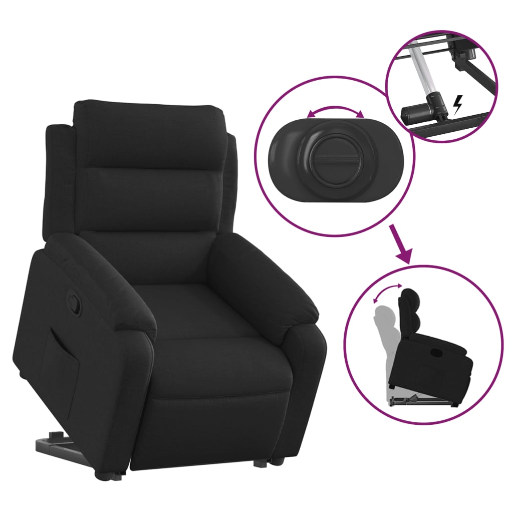 Fotoliu rabatabil cu ridicare pe verticală, negru, textil