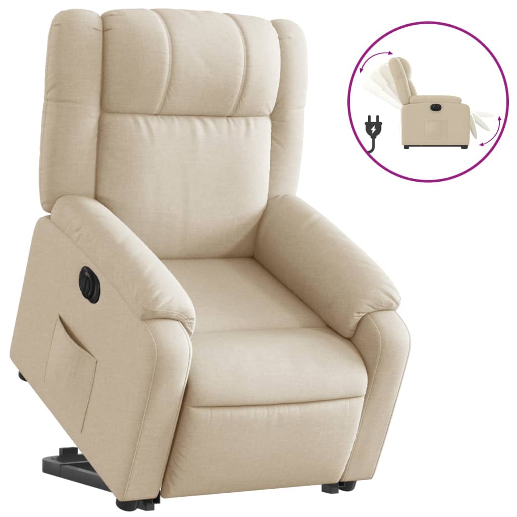 Fotoliu electric rabatabil cu ridicare, crem, textil