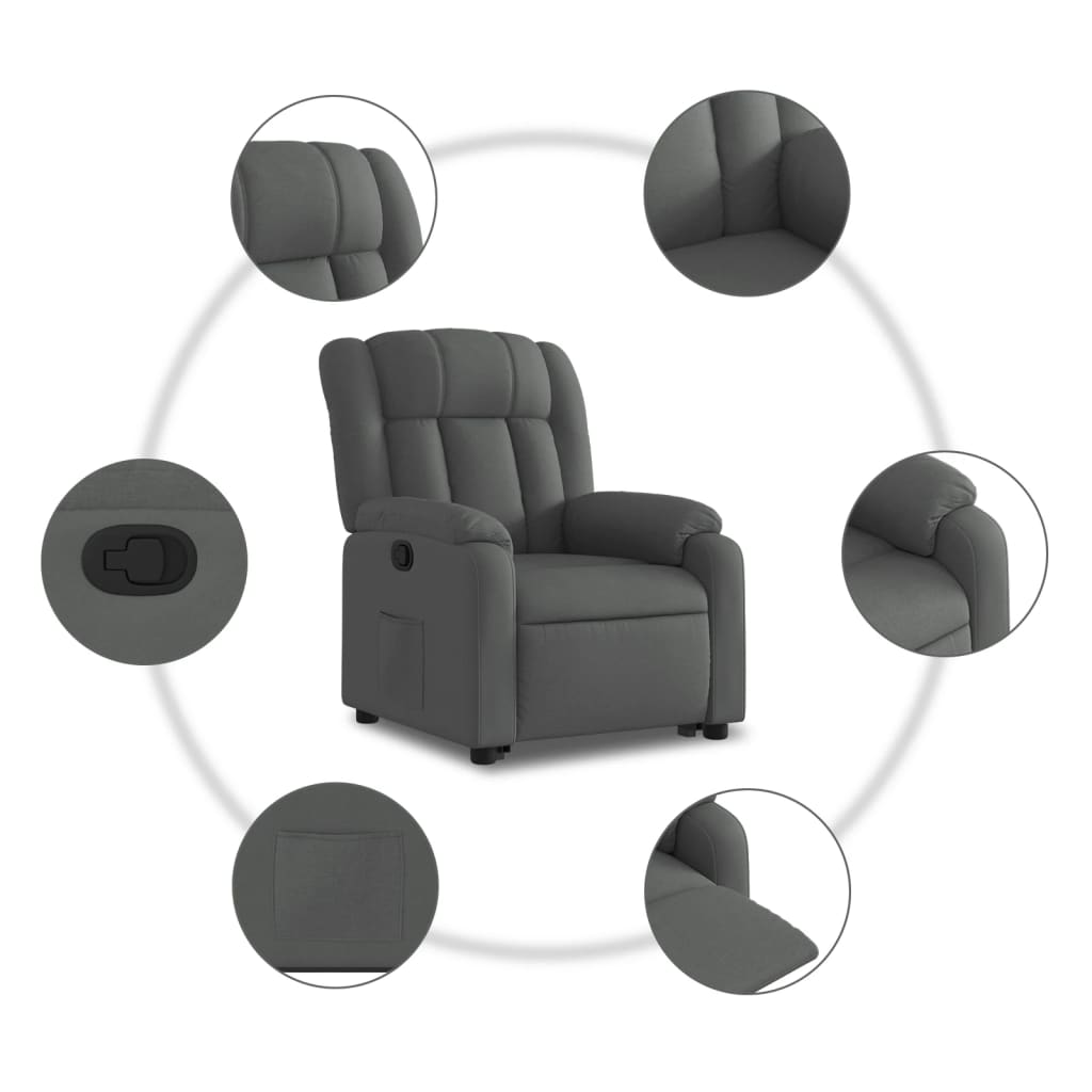 Fotoliu rabatabil cu ridicare pe verticală, gri închis, textil