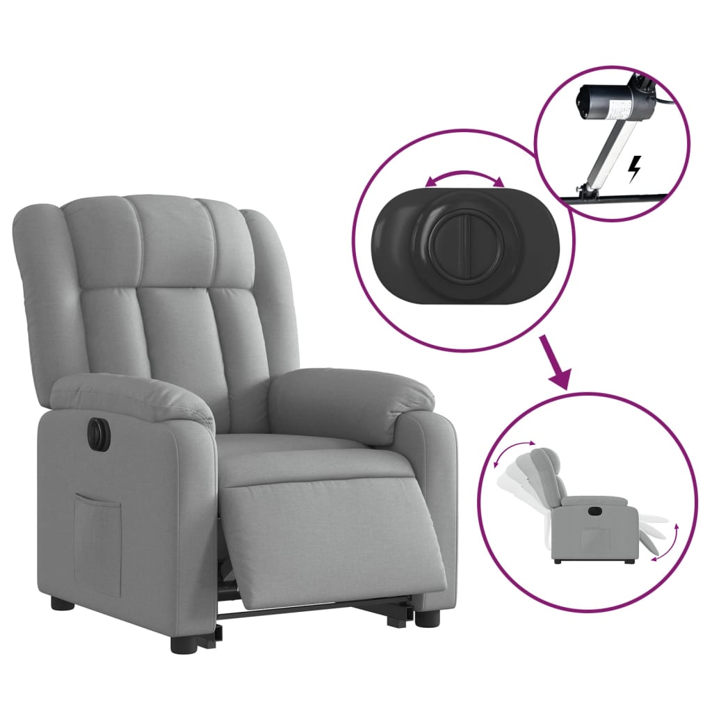 Fotoliu electric rabatabil cu ridicare, gri deschis, textil