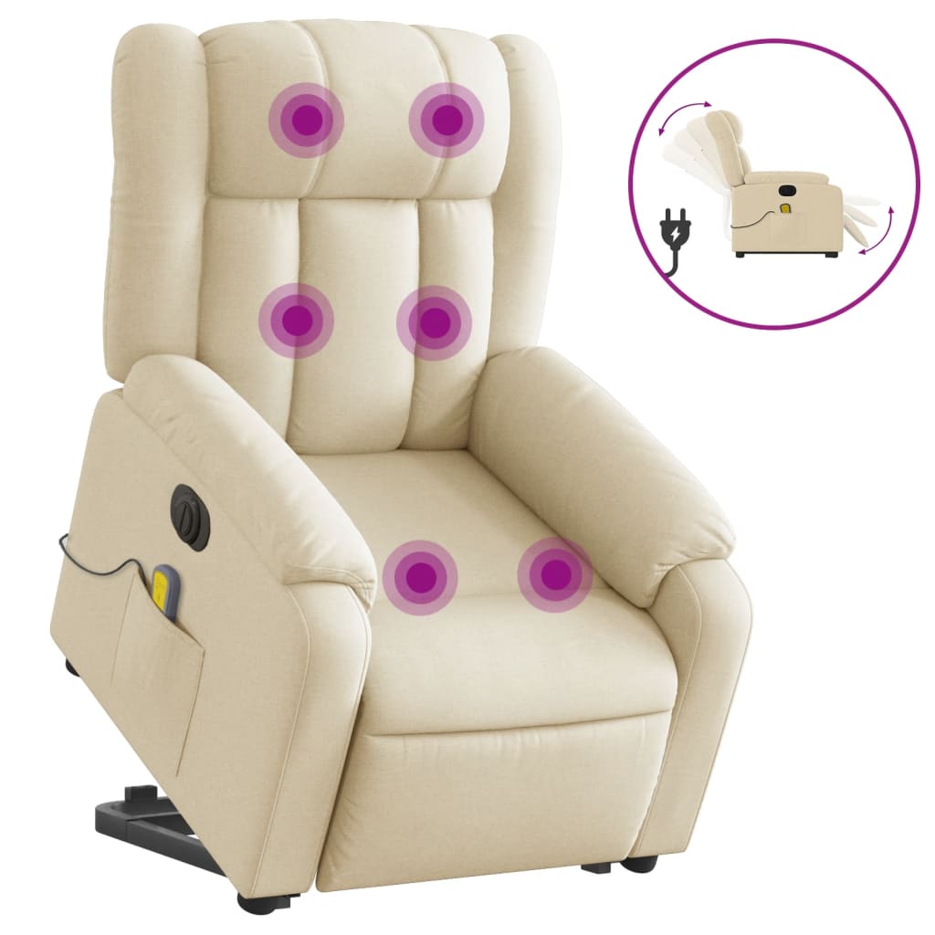 Fotoliu electric de masaj rabatabil cu ridicare, crem, textil