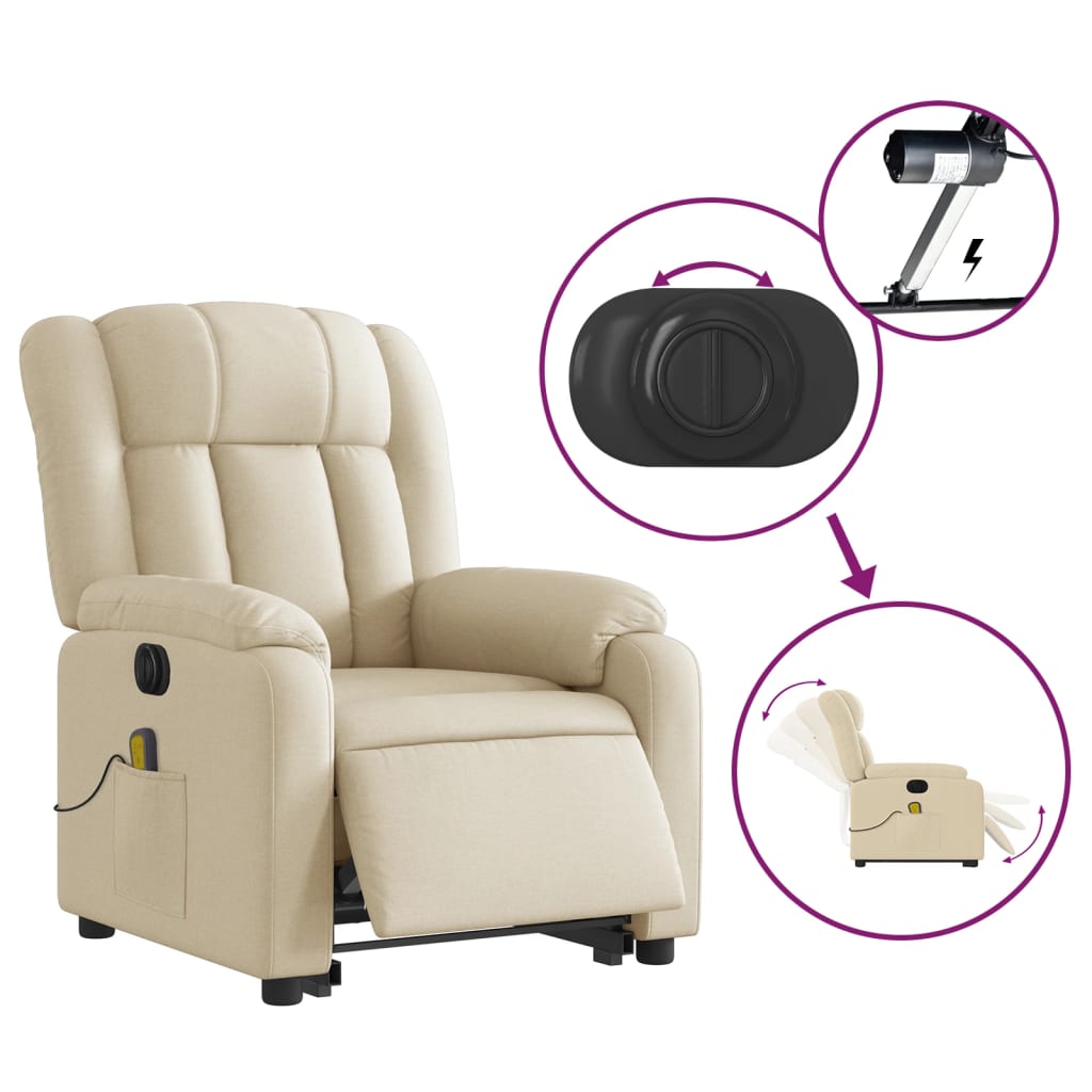 Fotoliu electric de masaj rabatabil cu ridicare, crem, textil