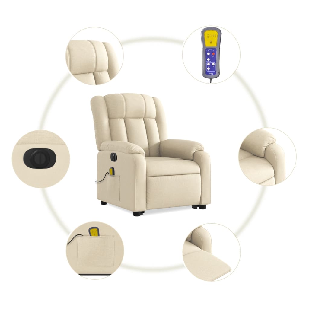 Fotoliu electric de masaj rabatabil cu ridicare, crem, textil