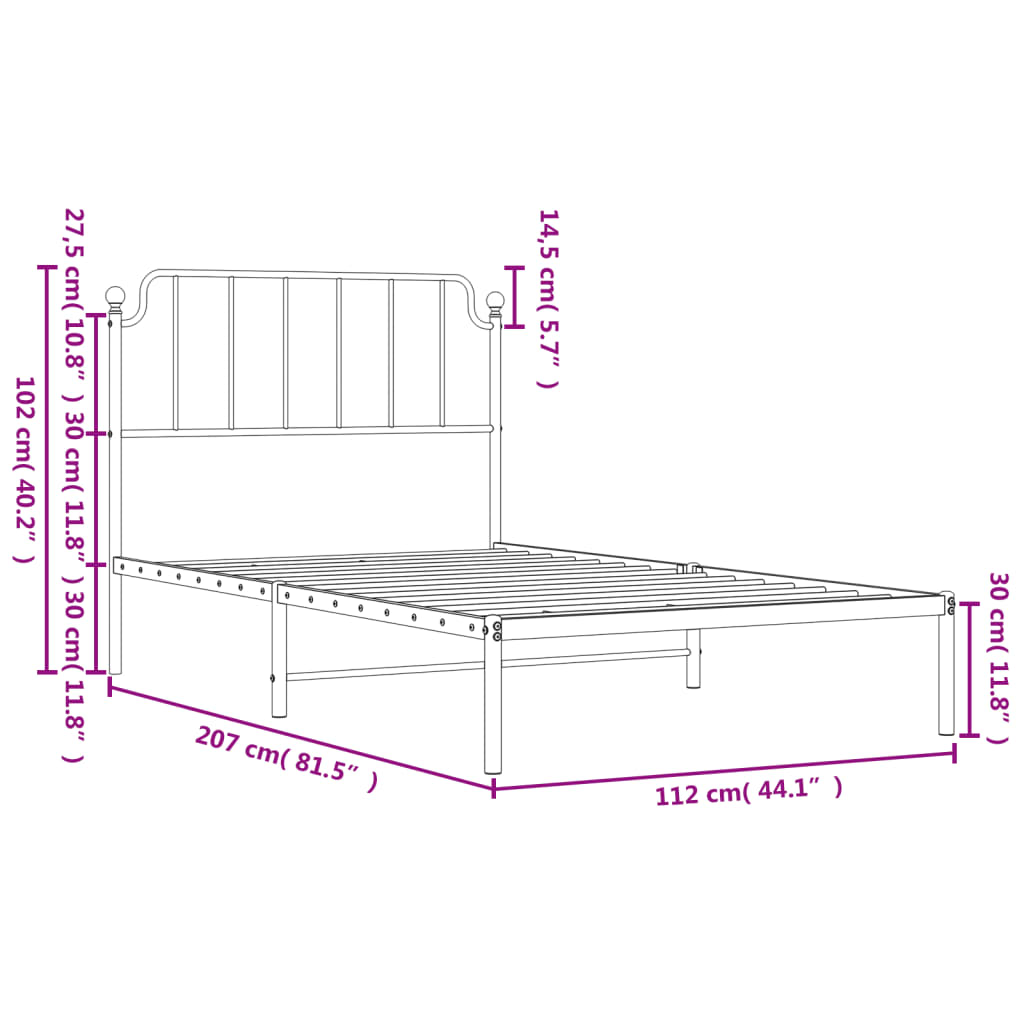 Cadru de pat din metal cu tăblie, negru, 107x203 cm