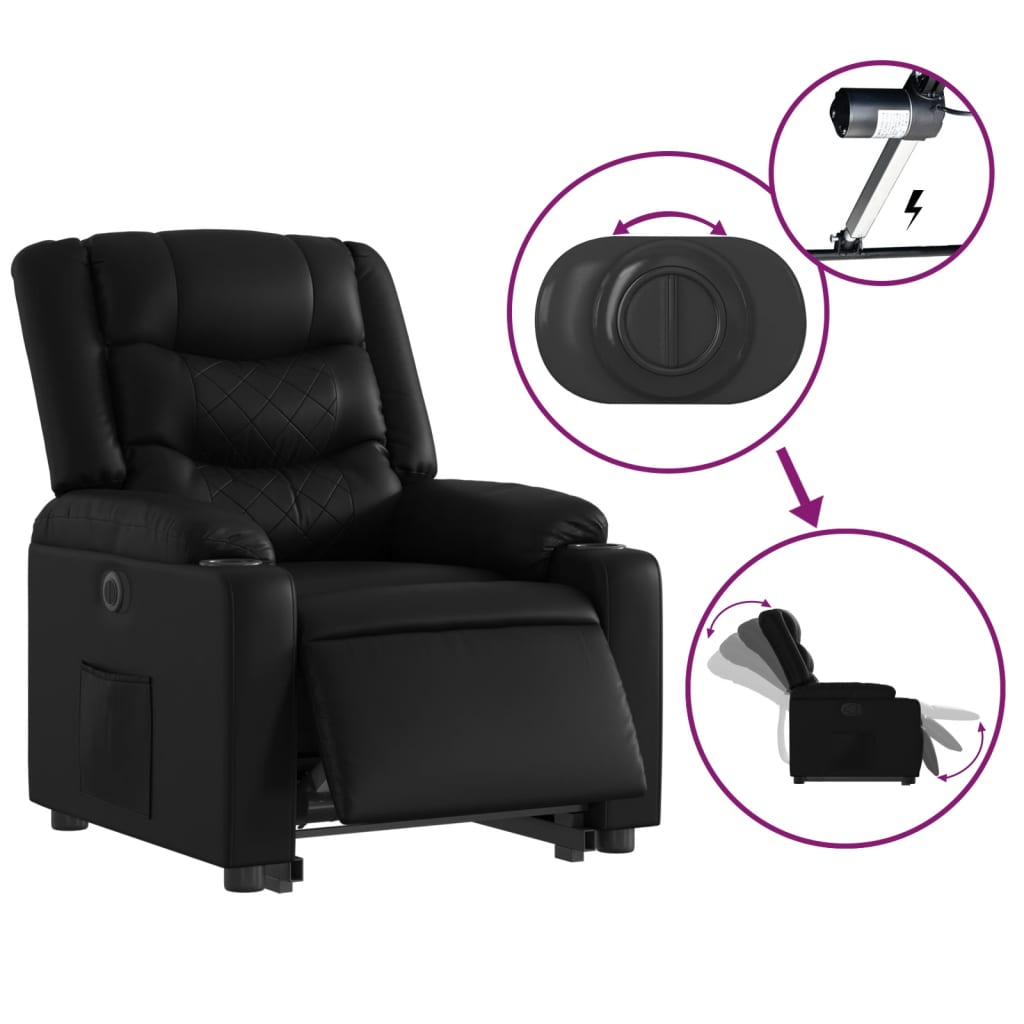 Fotoliu rabatabil electric cu ridicare, negru, piele ecologică
