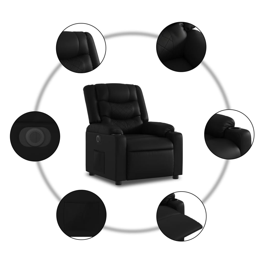 Fotoliu rabatabil electric cu ridicare, negru, piele ecologică