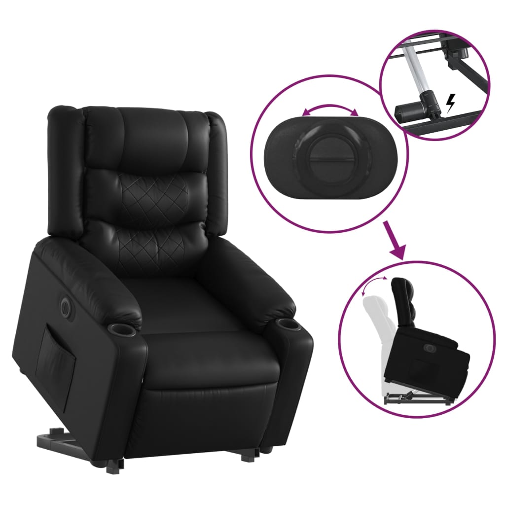 Fotoliu rabatabil electric cu ridicare, negru, piele ecologică