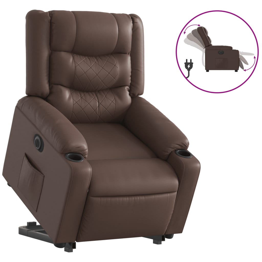 Fotoliu rabatabil electric cu ridicare, maro, piele ecologică