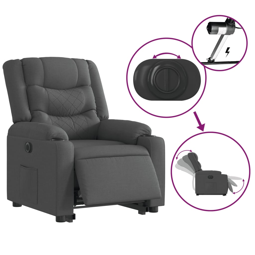 Fotoliu electric rabatabil cu ridicare, gri închis, textil