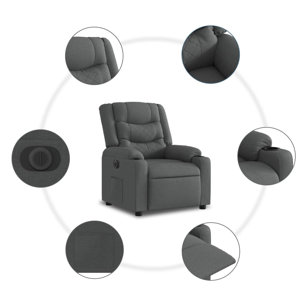 Fotoliu electric rabatabil cu ridicare, gri închis, textil