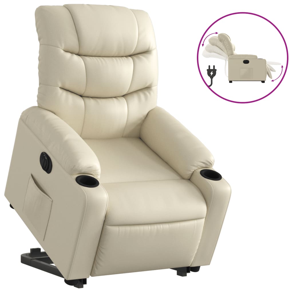 Fotoliu rabatabil electric cu ridicare, crem, piele ecologică