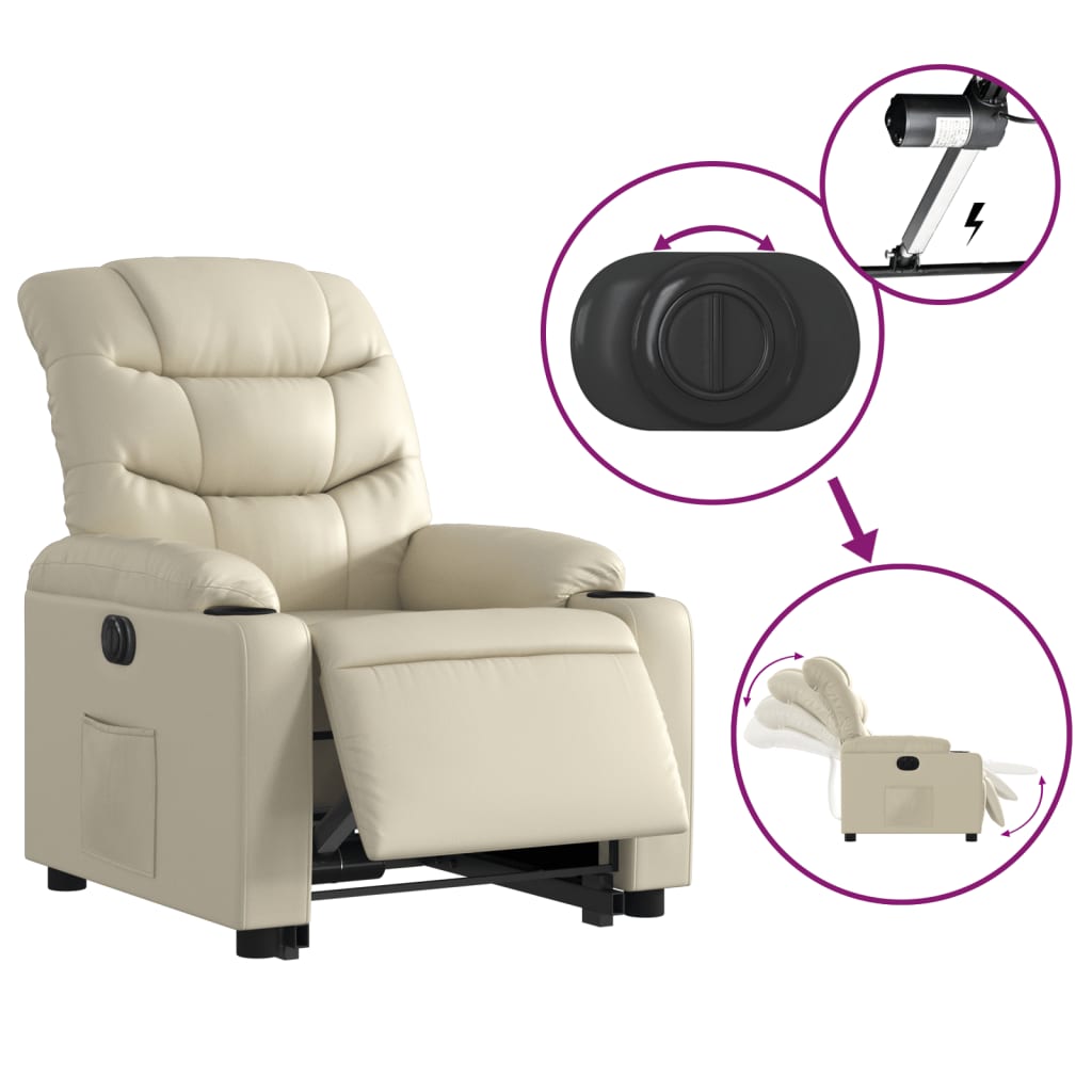 Fotoliu rabatabil electric cu ridicare, crem, piele ecologică