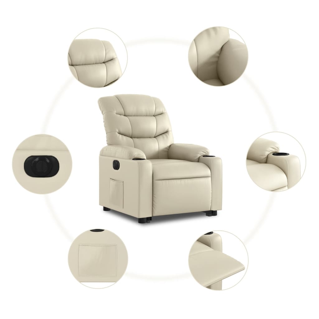 Fotoliu rabatabil electric cu ridicare, crem, piele ecologică
