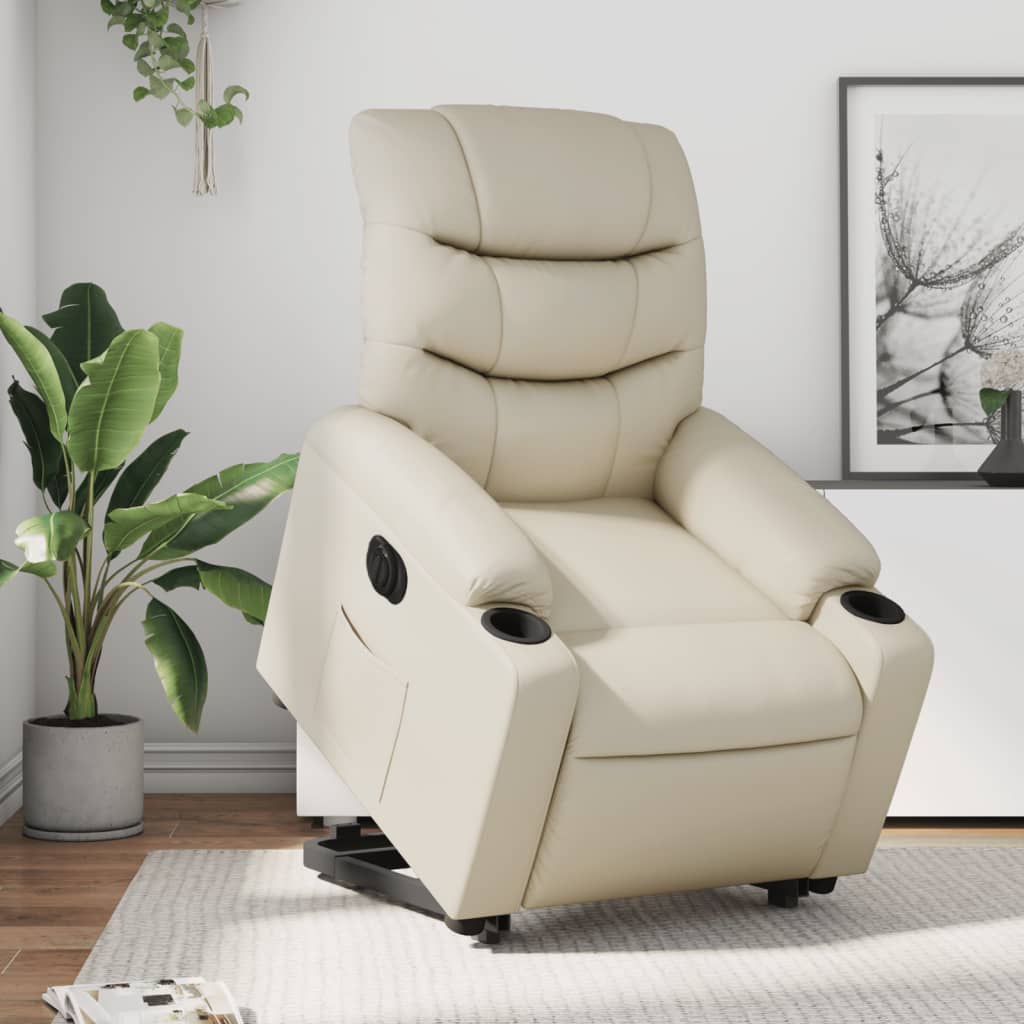 Fotoliu rabatabil electric cu ridicare, crem, piele ecologică