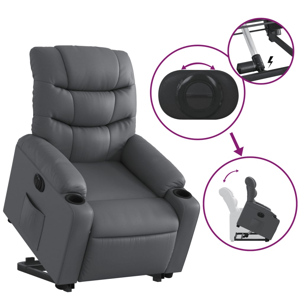 Fotoliu rabatabil electric cu ridicare, gri, piele ecologică