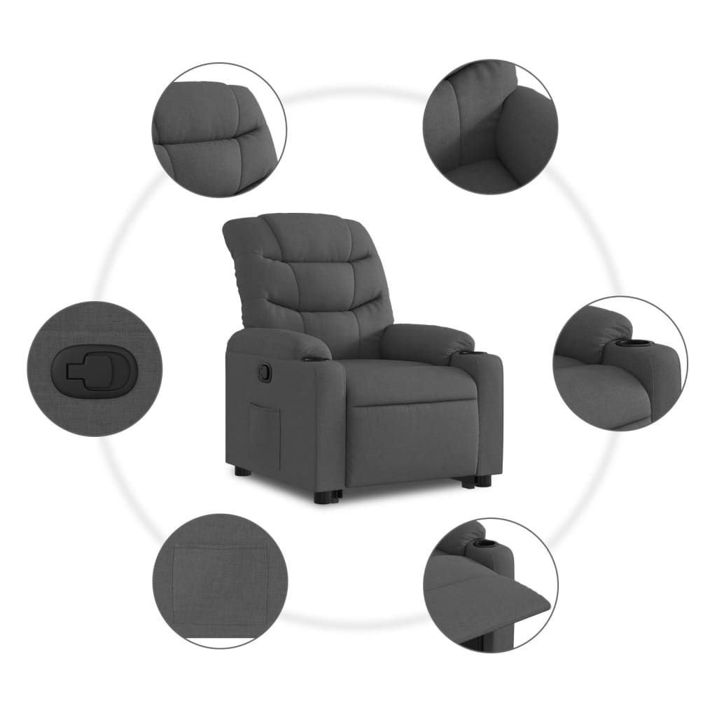 Fotoliu rabatabil cu ridicare pe verticală, gri închis, textil