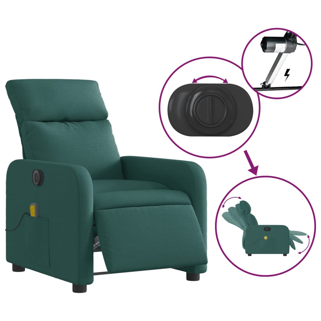 Fotoliu electric de masaj rabatabil, verde închis, textil