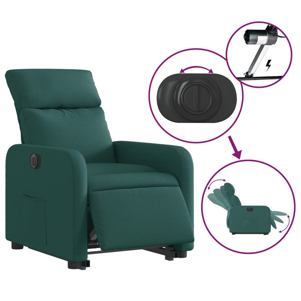 Fotoliu electric rabatabil cu ridicare, verde închis, textil