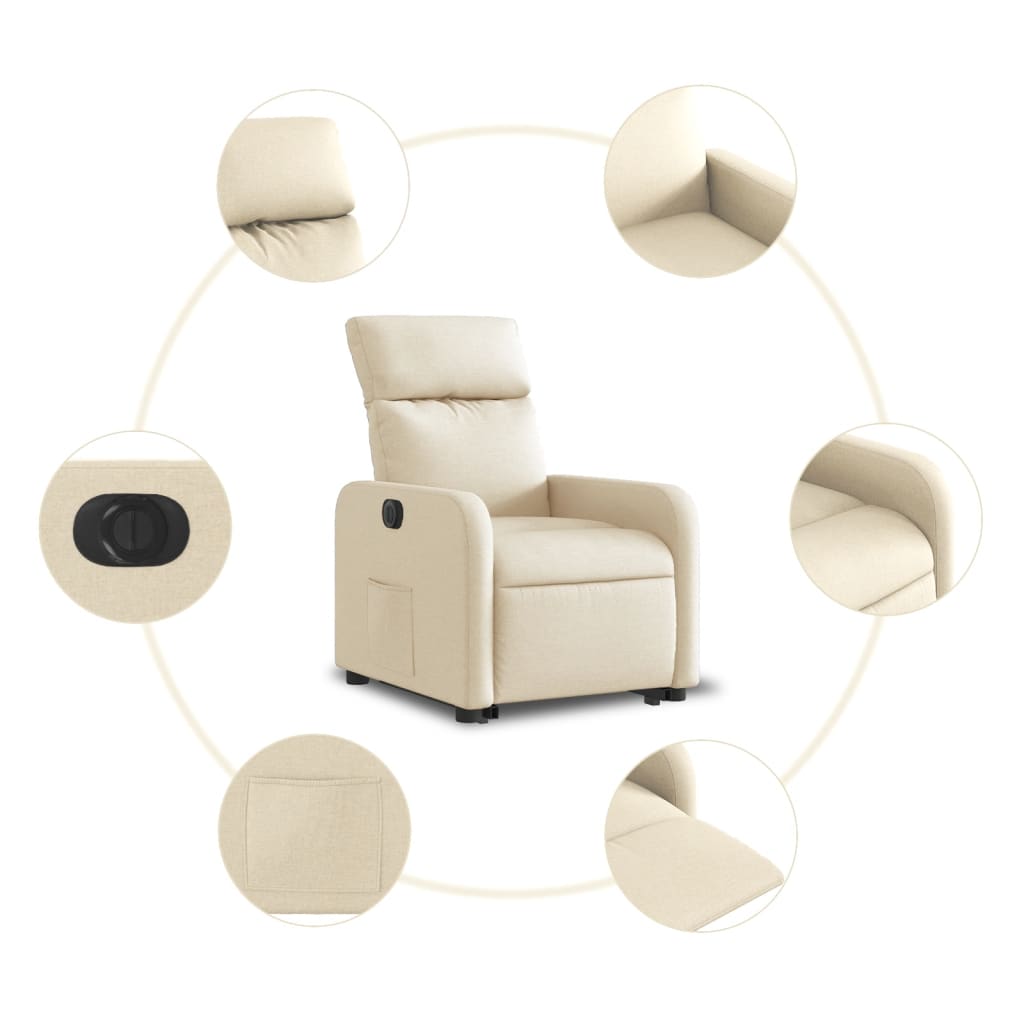 Fotoliu electric rabatabil cu ridicare, crem, textil