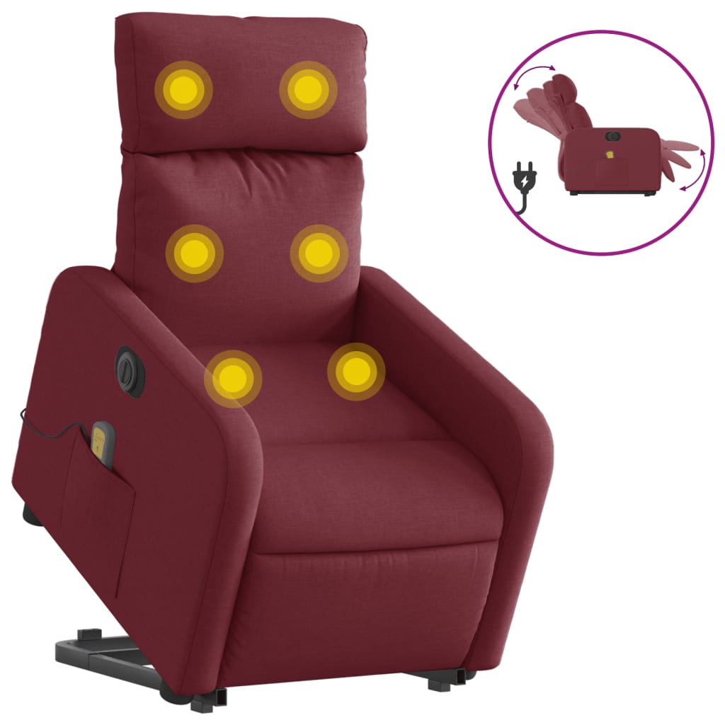 Fotoliu de masaj electric rabatabil cu ridicare roșu vin textil