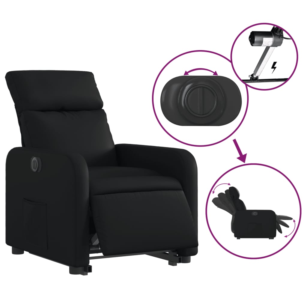 Fotoliu rabatabil electric cu ridicare, negru, piele ecologică