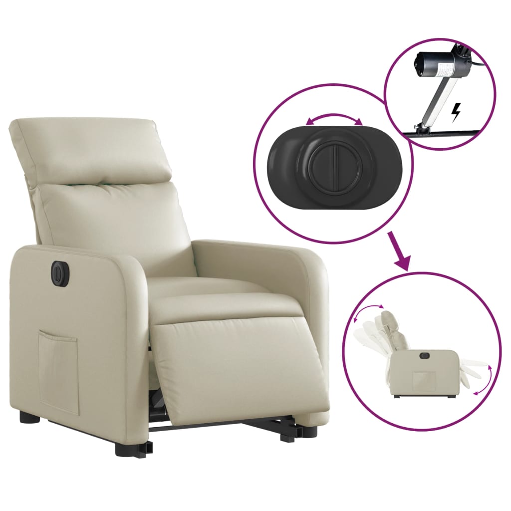Fotoliu rabatabil electric cu ridicare, crem, piele ecologică