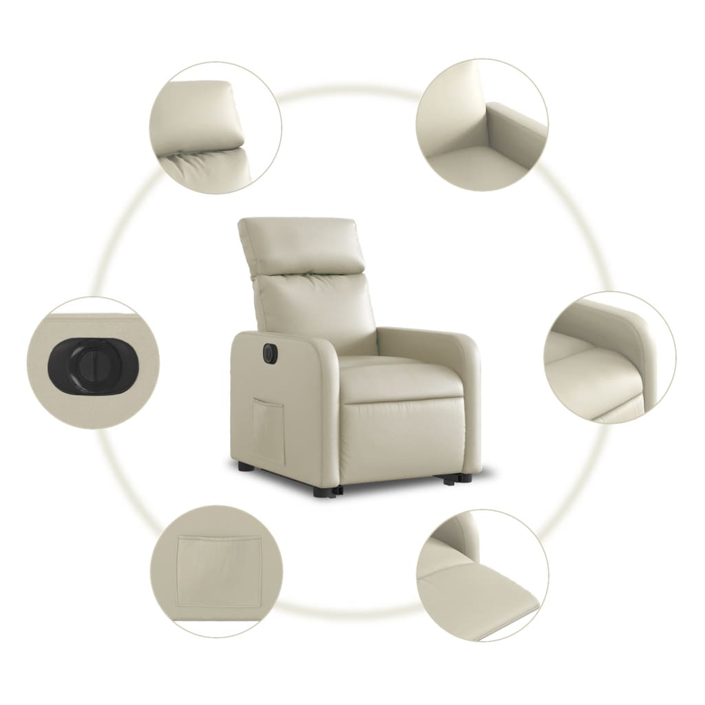 Fotoliu rabatabil electric cu ridicare, crem, piele ecologică