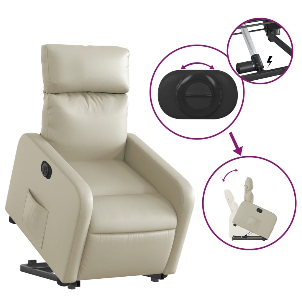 Fotoliu rabatabil electric cu ridicare, crem, piele ecologică