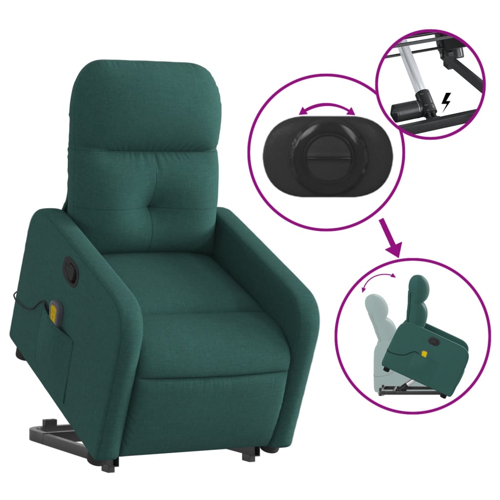 Fotoliu rabatabil de masaj, cu ridicare, verde închis, textil