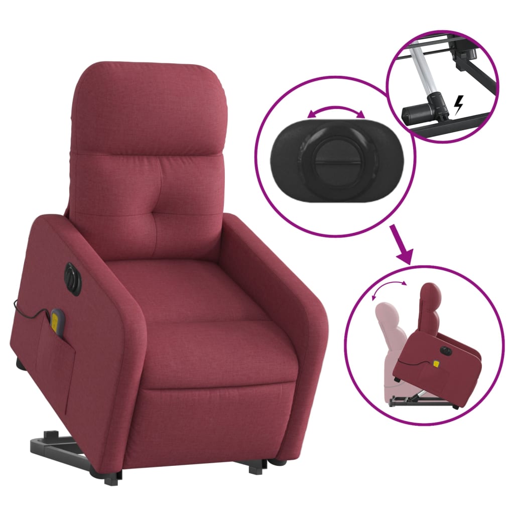 Fotoliu de masaj electric rabatabil cu ridicare roșu vin textil