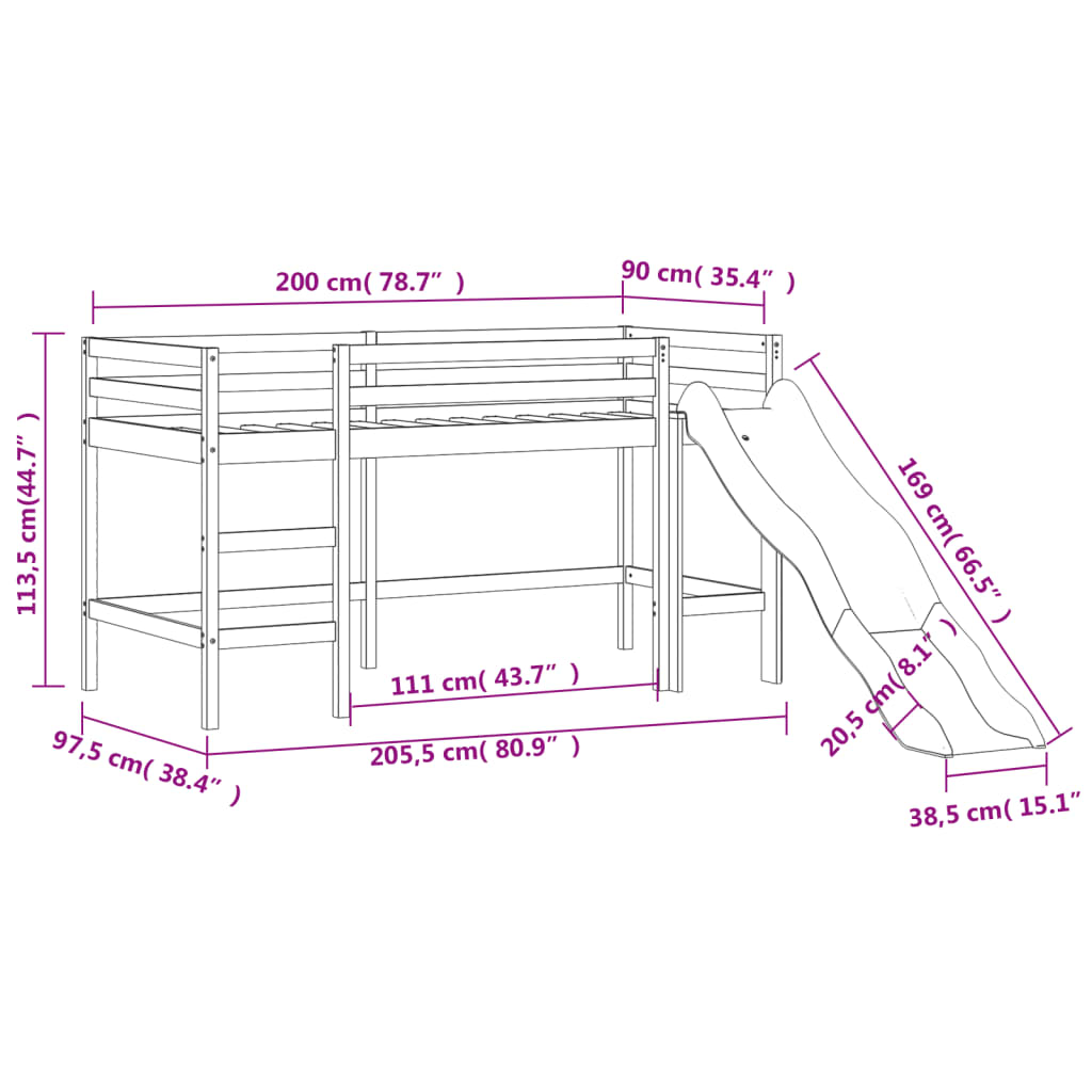 Pat pentru copii cu tobogan, alb, 90x200 cm, lemn masiv pin