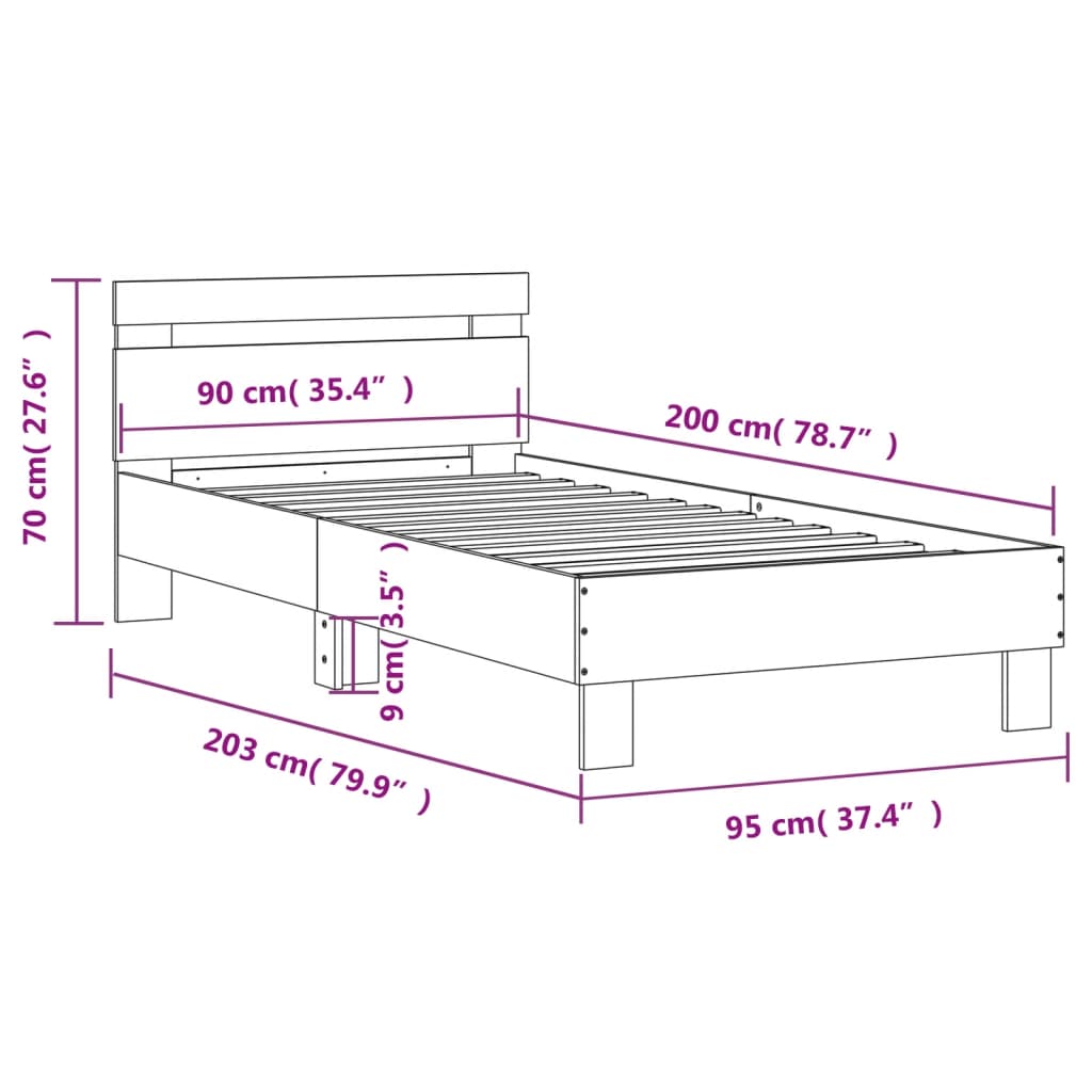 Cadru de pat cu tăblie gri beton 90x200 cm lemn prelucrat