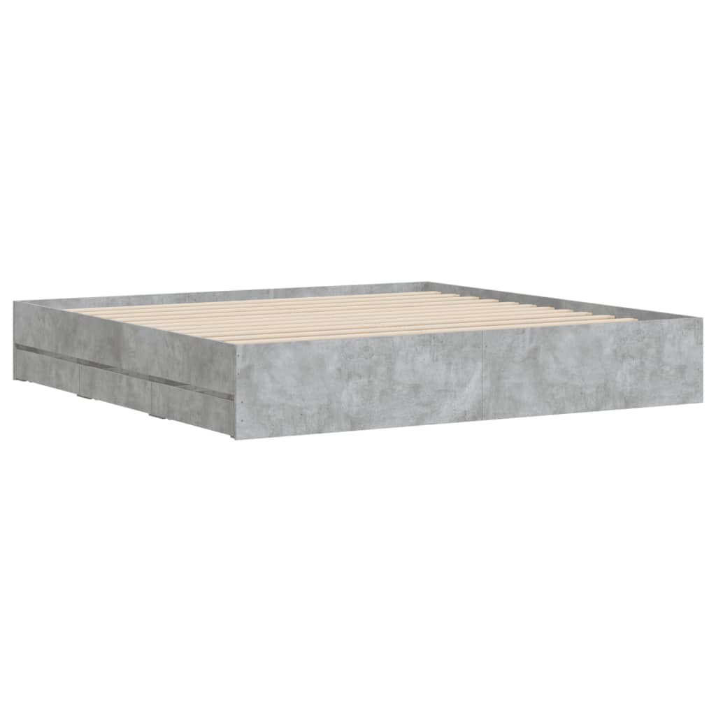 Cadru de pat cu sertare gri beton 200x200 cm lemn prelucrat