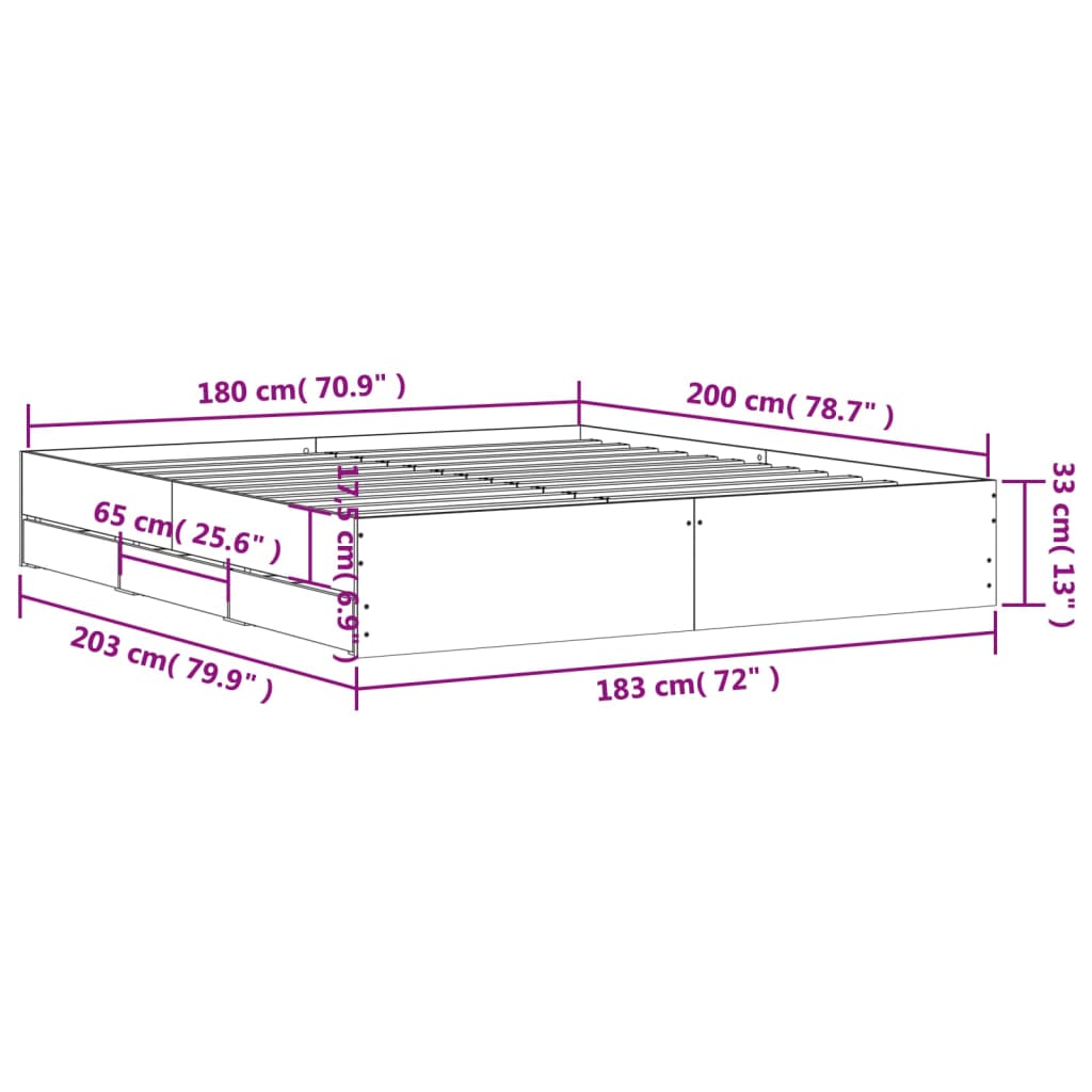 Cadru de pat cu sertare, alb, 180x200 cm, lemn prelucrat