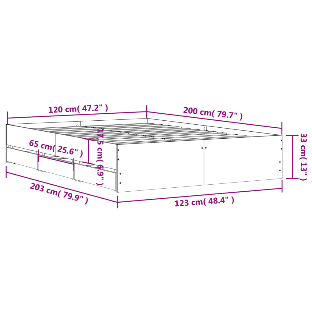 Cadru de pat cu sertare, alb, 120x200 cm, lemn prelucrat