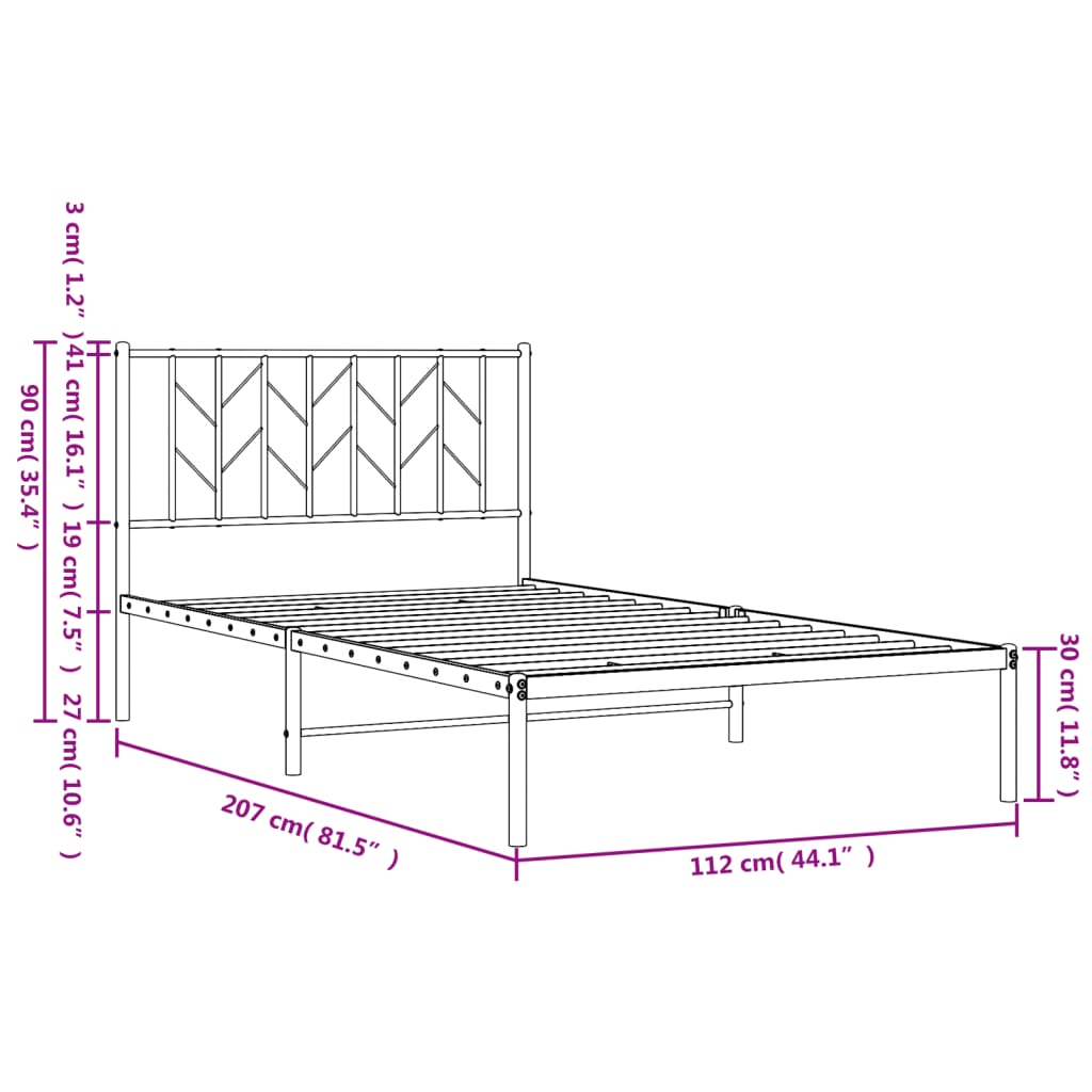 Cadru de pat din metal cu tăblie, alb, 107x203 cm