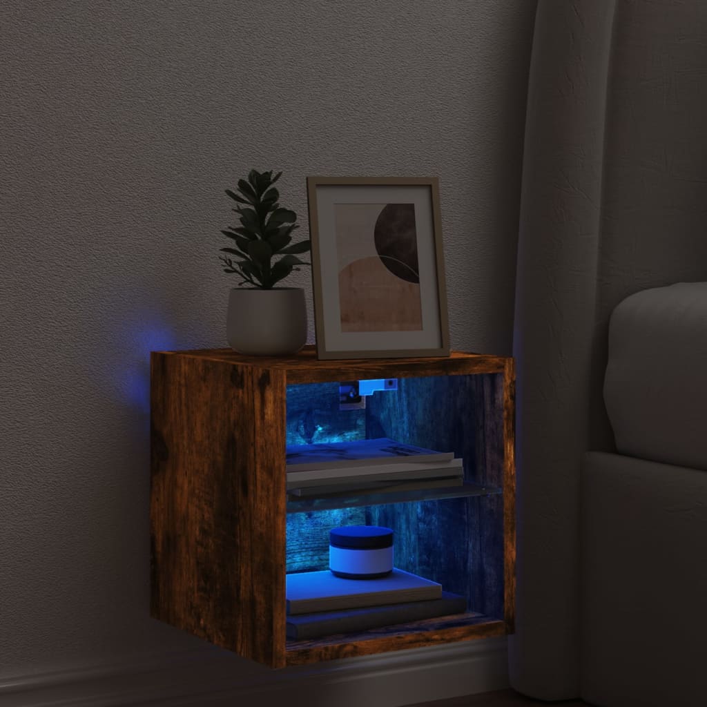 Comodă TV de perete cu lumini LED, stejar fumuriu 30x28,5x30 cm