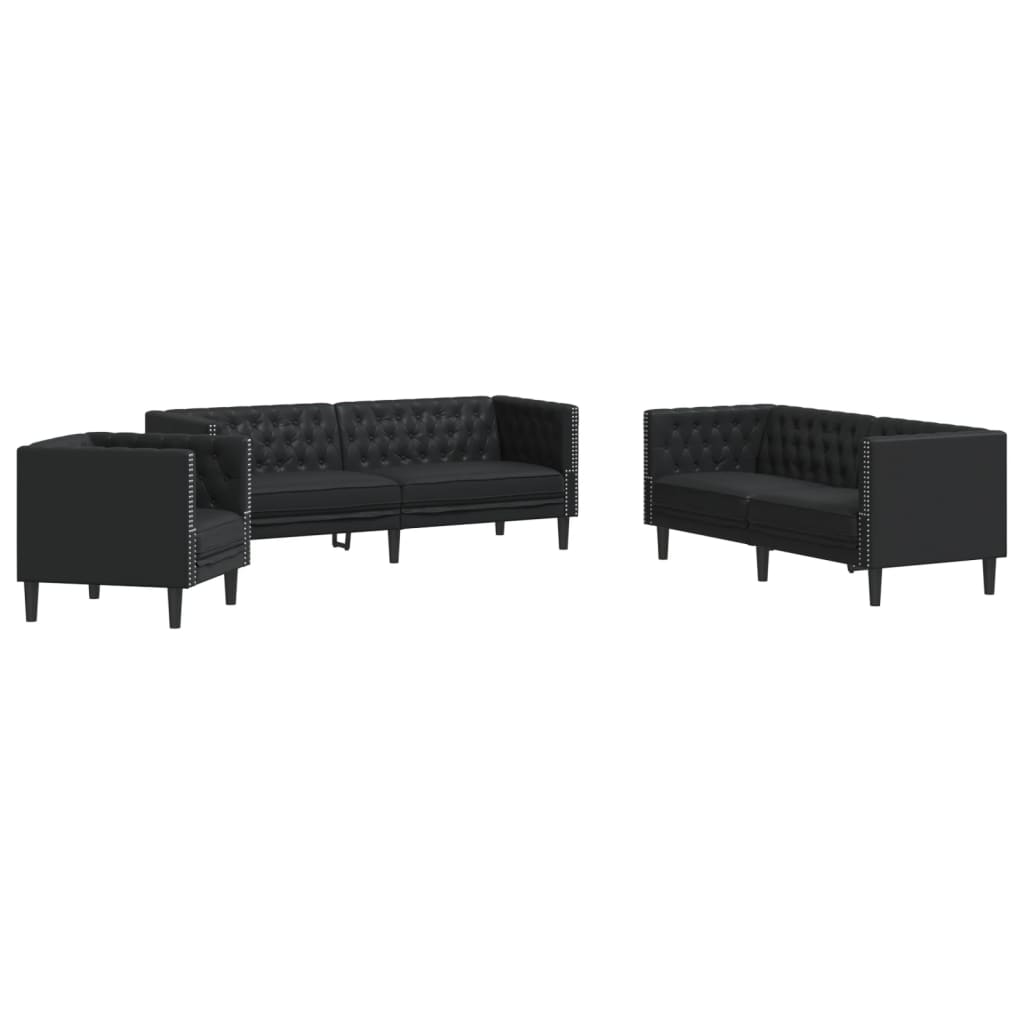 Set canapele Chesterfield cu 3 locuri, negru, piele eco.